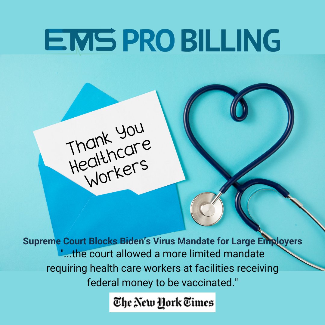 EMSProbilling's tweet photo. Supreme Court Blocks Biden’s Virus Mandate for Large Employers
https://t.co/upr4fAWZxc
#workplacenews #employer #employees #testing #vaccination #rules #laws #SupremeCourt #healthcareworkers Medicaid #Medicare #EMSProBilling #EMSPROBILL https://t.co/OzoBRVTDJF