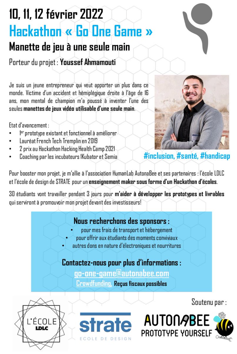 autonabee's tweet photo. Un hackathon est prévu le 10-11-12 février prochain pour le projet Go One Game de Youssef. 
Une manette de jeu pour personne en situation de handicap.

Nous recherchons des entreprise afin de rejoindre @ecoleLDLC et L'école de @StrateDesign en tant que sponsor. https://t.co/DWeRTQC1jh