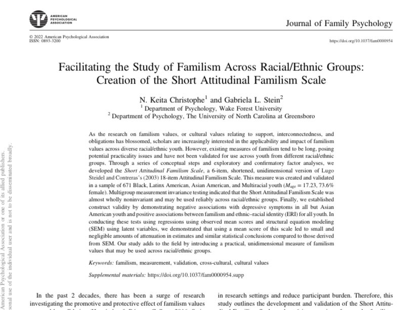 📍📍new <a href="/caminoslab/">CAMINOS Lab</a> paper📍📍so excited about this one! Check out our shortened familism measure validated across racial-ethnic groups! dx.doi.org/10.1037/fam000… <a href="/NK_Christophe/">Keita Christophe, PhD</a> <a href="/UNCG_Psych/">UNCG Psych</a> <a href="/SRCDLatinx/">SRCD Latinx Caucus</a> <a href="/SRCDasiancaucus/">SRCD Asian Caucus</a> <a href="/SRCDBlkCaucus/">SRCDBlackCaucus</a>