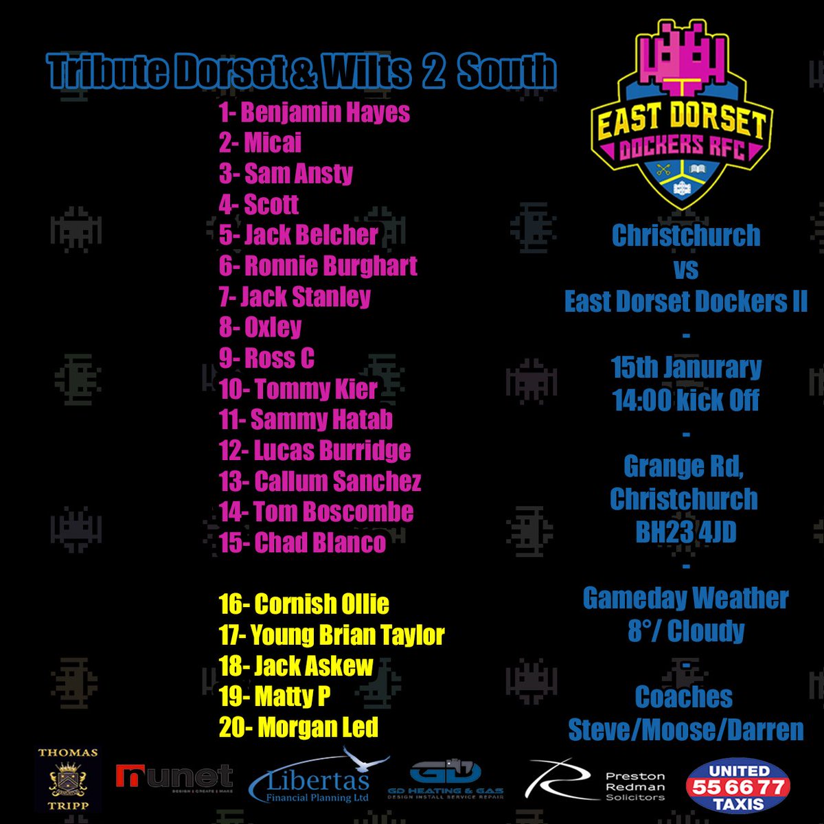 Here are our teams going on the road tomorrow
1s looking for that 5th win in a row  
2s looking to start the year off solidly
Best of luck to everyone involved tomorrow 
let's bring back that double W
👾🏉🍺