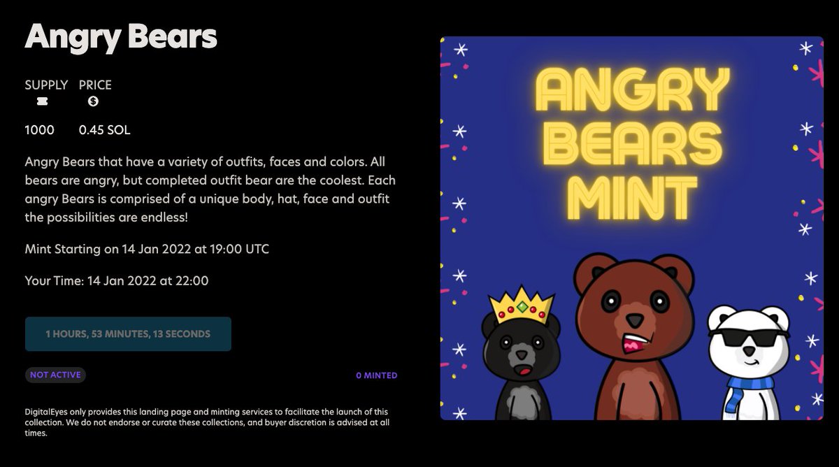 We have a public sale !🔥🔥🔥

See you there in 2 hours⏰
Stay tuned! 👀 👇

digitaleyes.market/launchpad/Angr…

#NFTs #NFTs #Solana #SolanaAirdrops #SolanaNFTs #NFTCollection #NFTcollectibles #nftcollectors #opensea #OpenSeaNFT #ETH #BTC #MagicEden
