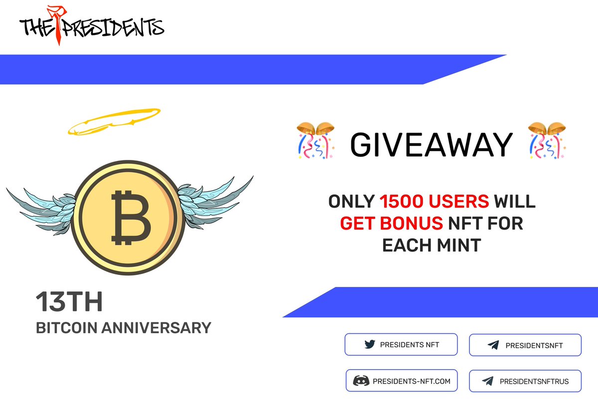 Presidents_NFT's tweet photo. ⭐️ GIVEAWAY TIME ⭐️

➡️ In honour of Bitcoin celebrating its 13th anniversary this January, we are hosting a new and incredible giveaway for you. 😱

For every 2 Presidents NFTs you mint ⛏, you will be gifted a BONUS Presidents NFT for free! 🎉

GO ON ⤵️
https://t.co/oQC78tISRD https://t.co/JYueh42r1n