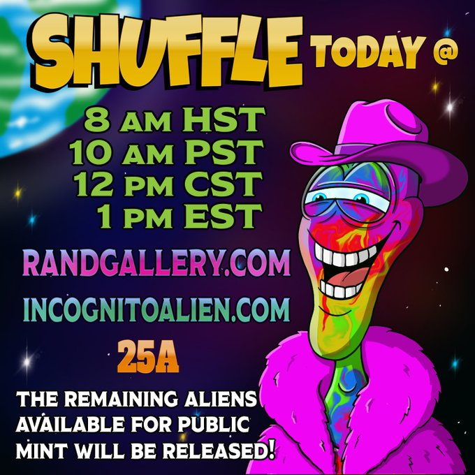 IncognitoAliens's tweet photo. The #ShuffleShuttle departed the Mothership early today, we are anxious to get the rest of these Aliens out into Earth - @NFTSandMan is hard at work preparing things for the females GEN2 series! Last chance to get in on GEN1 is TODAY!
https://t.co/DziM0qxGAs
#ALGOFAM #ALGONFT https://t.co/Tasv7YGorN