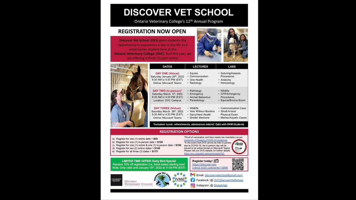 The Ontario Veterinary College has partnered with us to sponsor several seats for their 12th Annual: Discover Vet School Program...Black students of any age interested in veterinary medicine apply today!! 👇🏿👇🏿
forms.gle/gyPsvNiD7tCE2f… 
#supportstudents #Vetmed #prevet