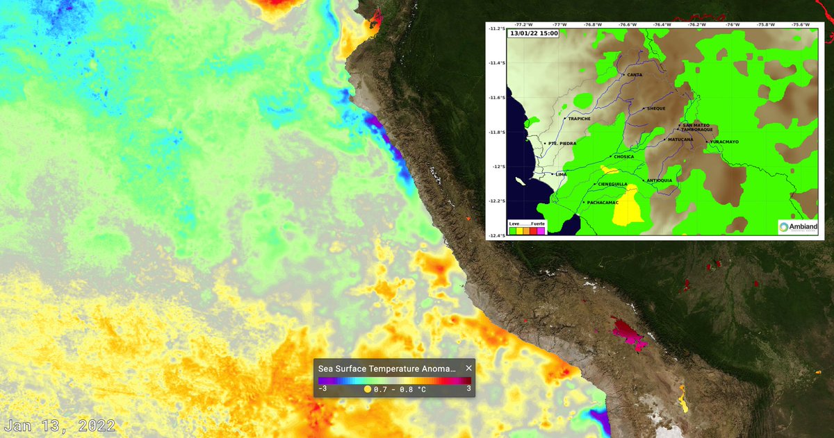 meteoclim's tweet photo. Interesante la relación anomalías de temperatura del mar frente a la costa central y sur con las formaciones de lluvia del día de ayer a menos de 2,000 msnm.  Ojo que hay mayor concentración de humedad en cuenca media. https://t.co/9YGjTlet0i