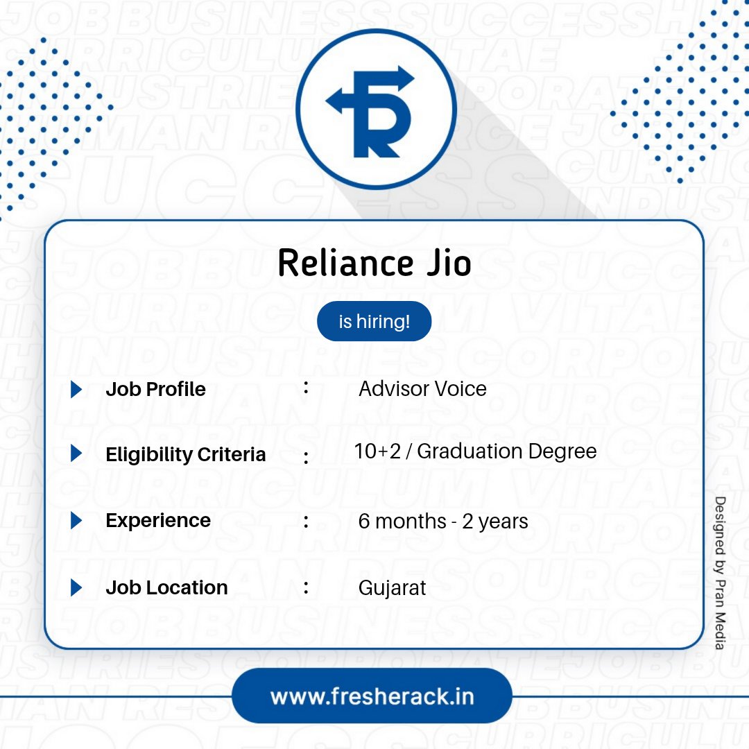 fresherack's tweet photo. Reliance Jio is hiring 
Visit our website to apply : https://t.co/LZKDo7CuW2

#Hiring #Recruitment #JobSeekers #RelianceJio #graduatejobs #Gujarat https://t.co/z9mOyUz1VI