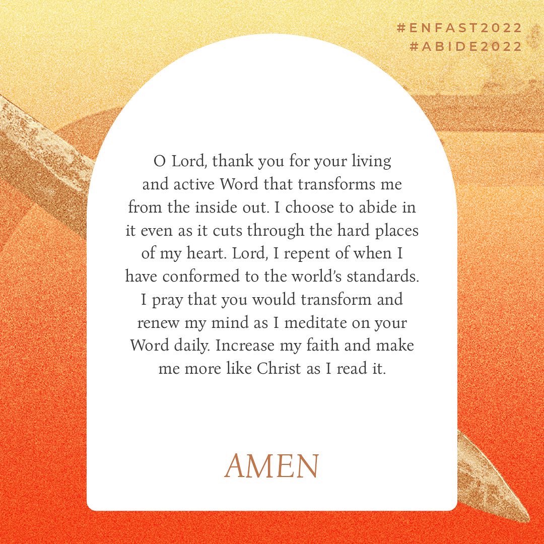 HIgracecentral's tweet photo. Prayer and Fasting Day 5:
The Word Is a SWORD
“For the word of God is living and active, sharper than any two-edged sword, piercing to the division of soul and of spirit, of joints and of marrow, and discerning the thoughts and intentions of the heart.” Hebrews 4:12 ESV #Abide https://t.co/TnYW1zDxs4