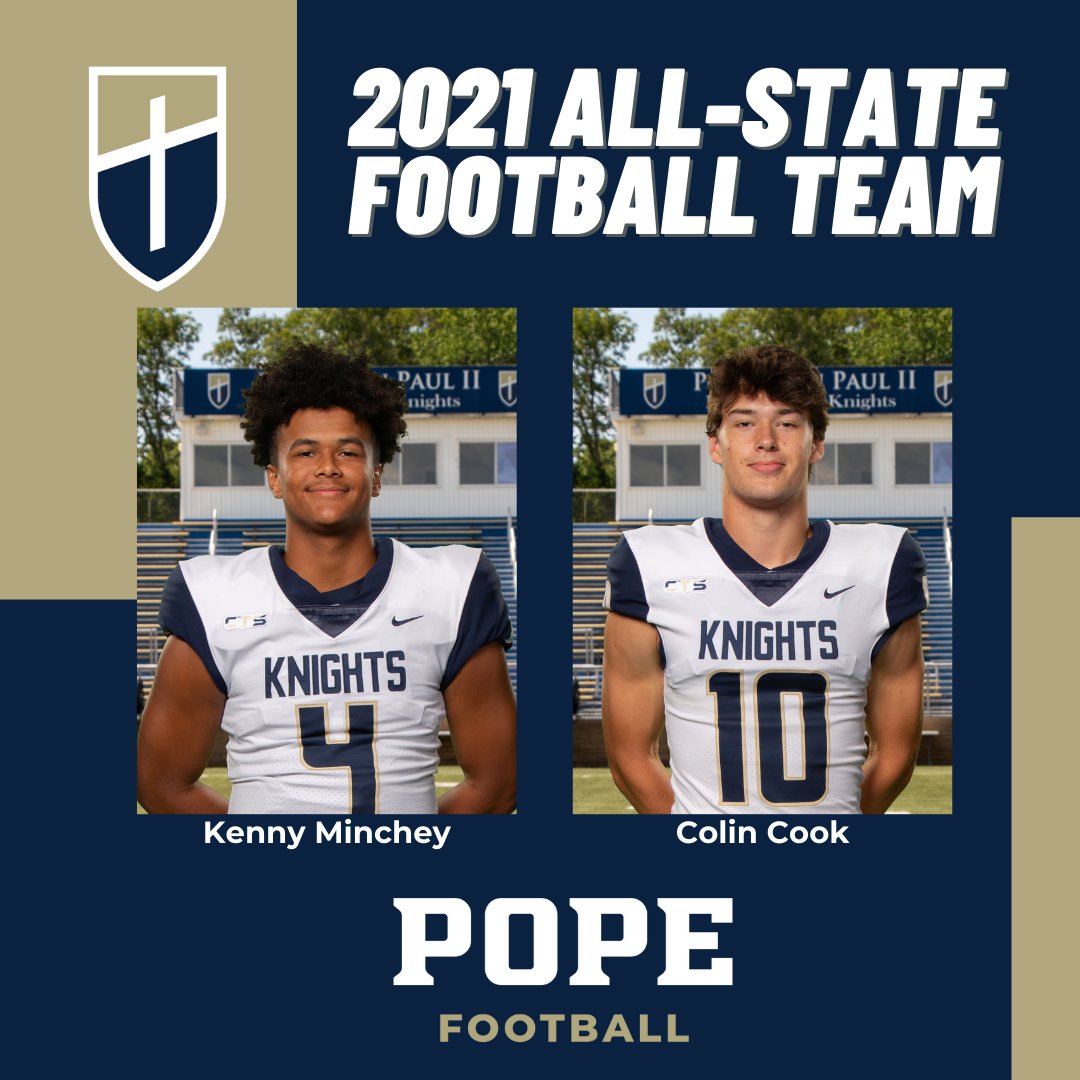 JPIIKNIGHTS's tweet photo. #RT @JPIIAthletics: Congratulations to the Pope Prep football players who were selected to the DII-AAA All-State Football Team: Kenny Minchey, QB; Colin Cook, WR; Steph Carter, WR; Andrew Southard, K; and Ansley Ware, LB. #cts #popefootball #goknights https://t.co/mf2AgG8Z0i