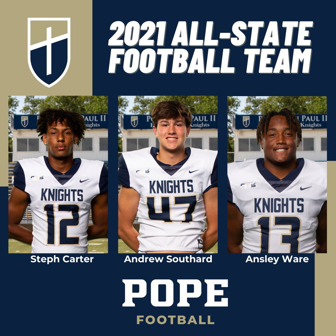 JPIIKNIGHTS's tweet photo. #RT @JPIIAthletics: Congratulations to the Pope Prep football players who were selected to the DII-AAA All-State Football Team: Kenny Minchey, QB; Colin Cook, WR; Steph Carter, WR; Andrew Southard, K; and Ansley Ware, LB. #cts #popefootball #goknights https://t.co/mf2AgG8Z0i