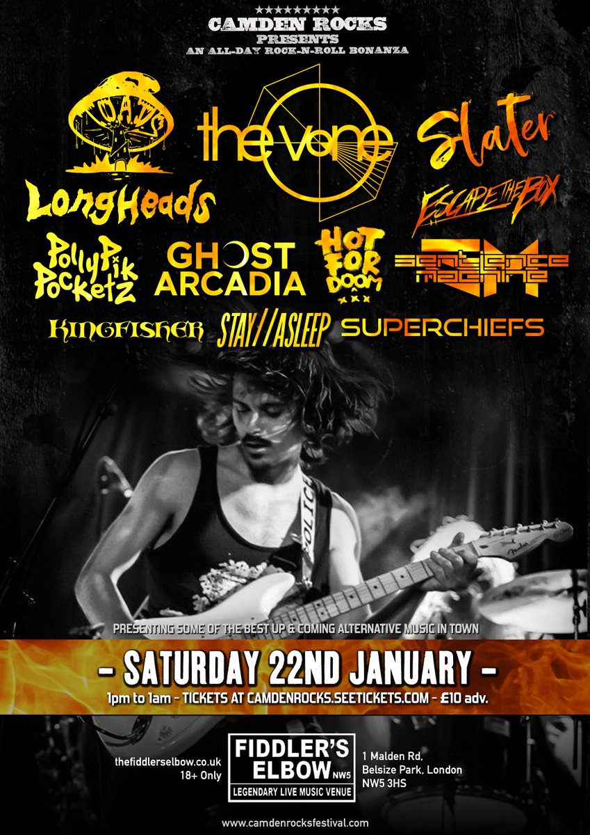 Camden Rocks Fest (@camdenrocksfest) on Twitter photo Next Week! 💥 #CamdenRocks takes over London's <a href="/FiddlersCamden/">The Fiddlers Elbow</a> for an alt-rock all-day'er with #TheVone <a href="/LongheadsMusic/">Longheads</a> @SlaterTheBand @PollyPikPocketz @EscapeTheBoxUK <a href="/GhostArcadia/">Ghost Arcadia</a> <a href="/Kingfisher_GLC/">Kingfisher</a> @StayAsleepUK & more. Saturday 22nd January.
Tickets 🎟 camdenrocks.seetickets.com Next Week! 💥 #CamdenRocks takes over London's <a href="/FiddlersCamden/">The Fiddlers Elbow</a> for an alt-rock all-day'er with #TheVone <a href="/LongheadsMusic/">Longheads</a> @SlaterTheBand @PollyPikPocketz @EscapeTheBoxUK <a href="/GhostArcadia/">Ghost Arcadia</a> <a href="/Kingfisher_GLC/">Kingfisher</a> @StayAsleepUK & more. Saturday 22nd January.
Tickets 🎟 camdenrocks.seetickets.com