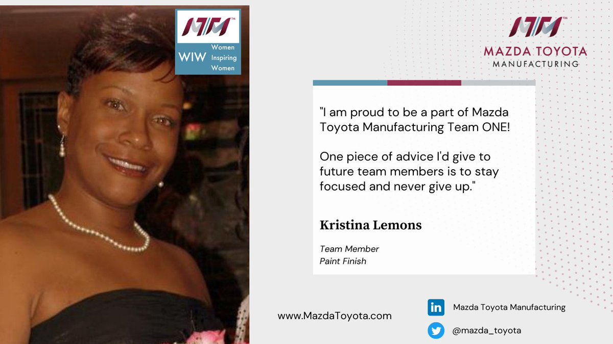 Say hello to MTM Women Inspiring Women member Kristina Lemons! 
Kristina is a Navy Veteran who works in the MTM Paint Shop. She counts her sister as her biggest role model and her favorite dessert is red velvet cake.
MTM is proud to have Kristina on our team!
#DriveYourFuture
