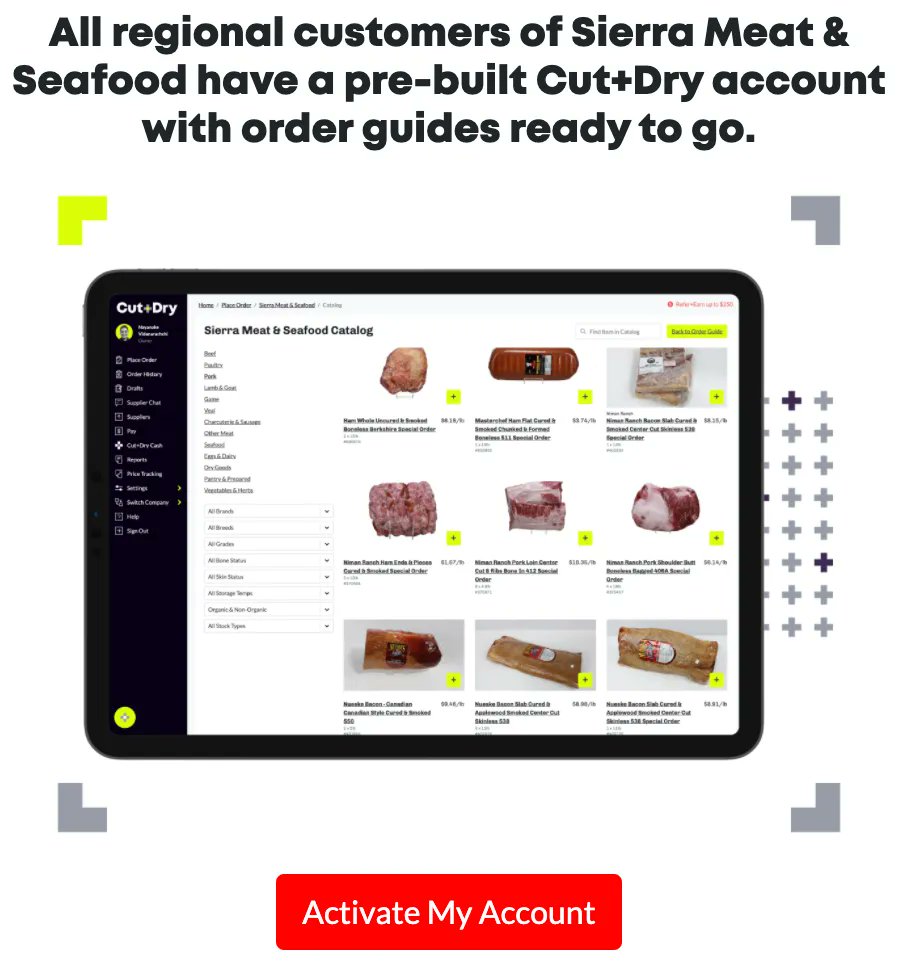 Don't forget to try Cut + Dry, our new ordering system. Click activate to use your pre-built order guides today! Everything you need in the palm of your hand.