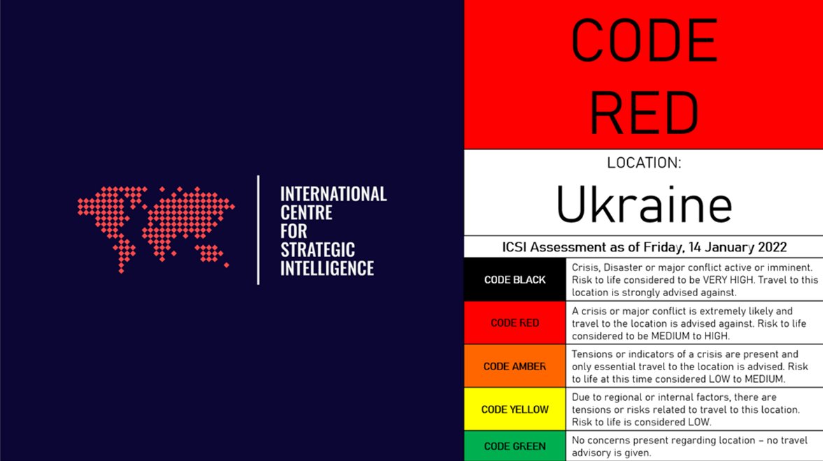 ICSI_OSINT's tweet photo. TRAVEL ADVISORY: #Ukraine 
Following the breakdown of diplomatic talks between NATO and Russia, and in light of alarming intelligence of espionage plans and continued military build-up, we are upgrading our assessment. We believe major fighting is likely within 2 weeks. https://t.co/m73iPMR05G