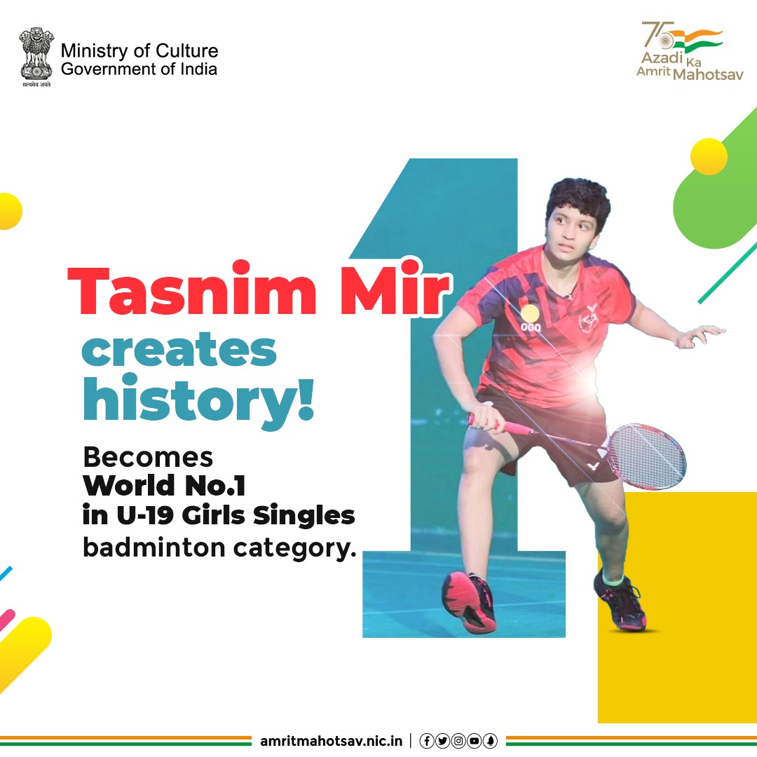 What a proud moment🙌! #TasnimMir becomes the 1st Indian to grab the World No.1 Ranking in U-19 Girls Singles Badminton category🏸. Thank you for the feat & setting a new benchmark for young and aspiring shuttlers 🙏🇮🇳 #AchievementAt75 #AmritMahotsav