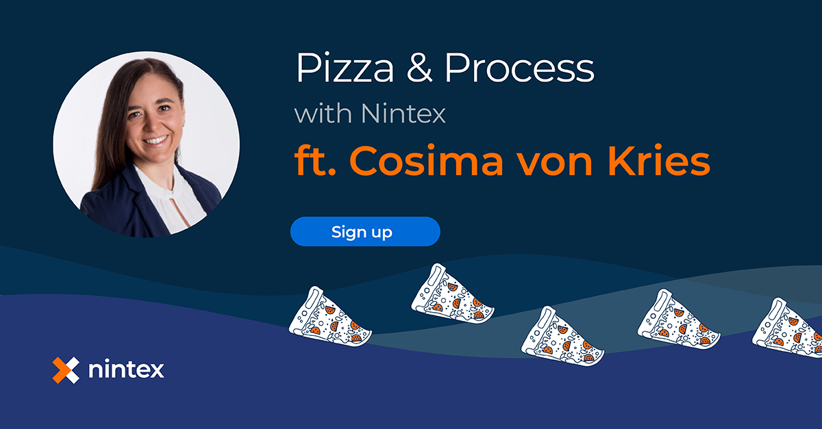 Nintex's tweet photo. Don't miss hearing about the power of #eSignature from Nintex director of solution engineering for EMEA, @cosimavk, in this month's #PizzaAndProcess webinar. Join us on Thu, Jan. 20 at 9am PT. https://t.co/sweeXVFr2A #digitaltransformation https://t.co/l8eiDynVeZ