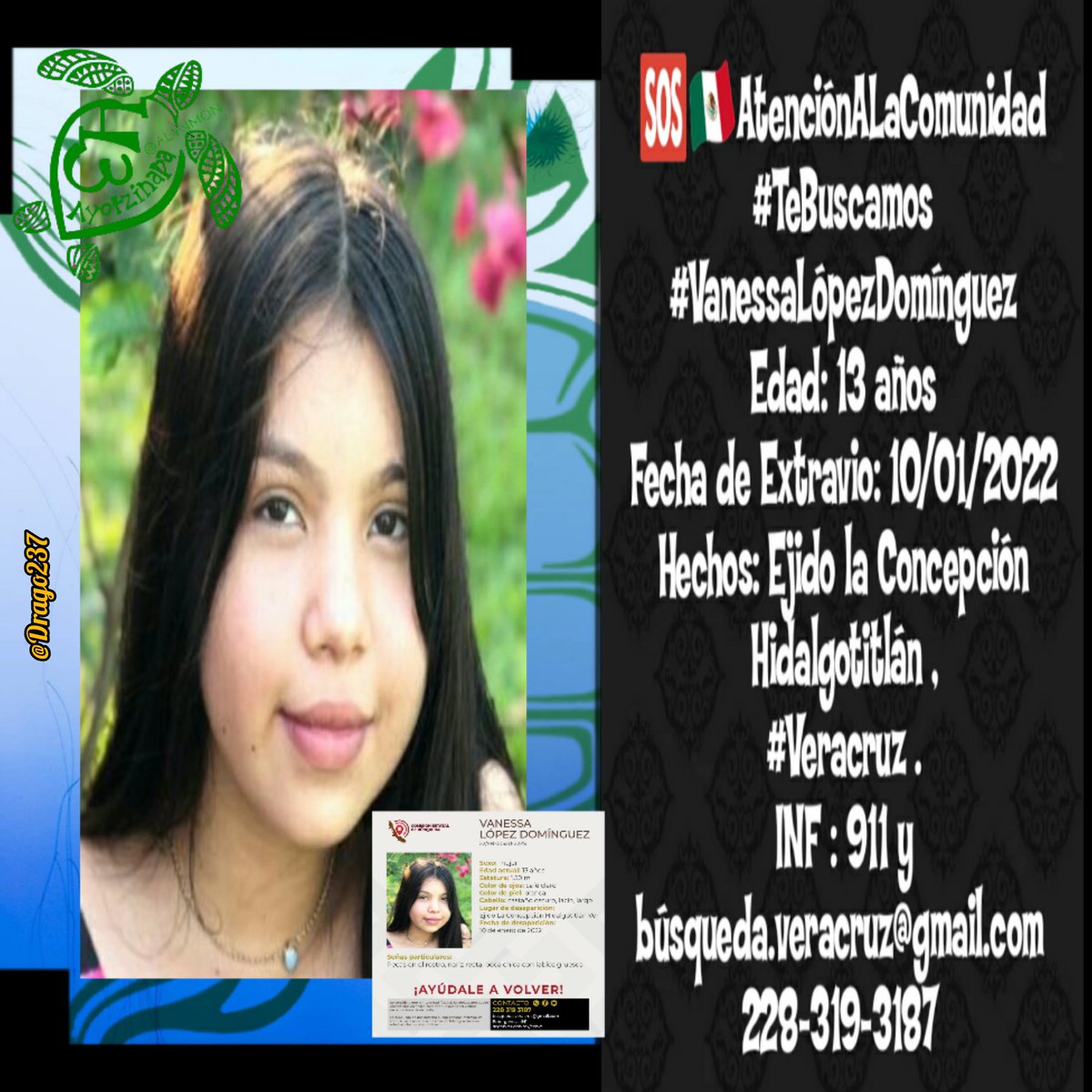 nonalorehedzg03's tweet photo. #PaseDeLista11am
Con @Drago237
Sabado 15/02/22
#TeBuscamos
#VanessaLópezDomínguez
Edad: 13 años.
Desapareció: 10/01/22
Lugar: Ejido la Concepción #Hidalgotitlan #Veracruz
Inf: 911 y 228 319 3187
Difunde. https://t.co/3I9xGAtRfI