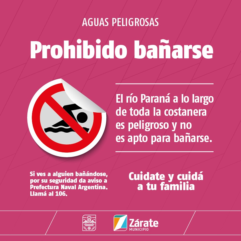 MuniZARATE's tweet photo. #Gobierno🏛️| Prohibido bañarse en el río❌

🏖️ A lo largo de toda la costanera, el río Paraná es peligroso y no es apto para bañarse.

ℹ️ Decreto 71/10

🏊 Si ves a alguien bañándose da aviso a Prefectura Naval Argentina o llamá al 106.

#CuidateYCuidáATuFamilia https://t.co/yvrZuDfqCz