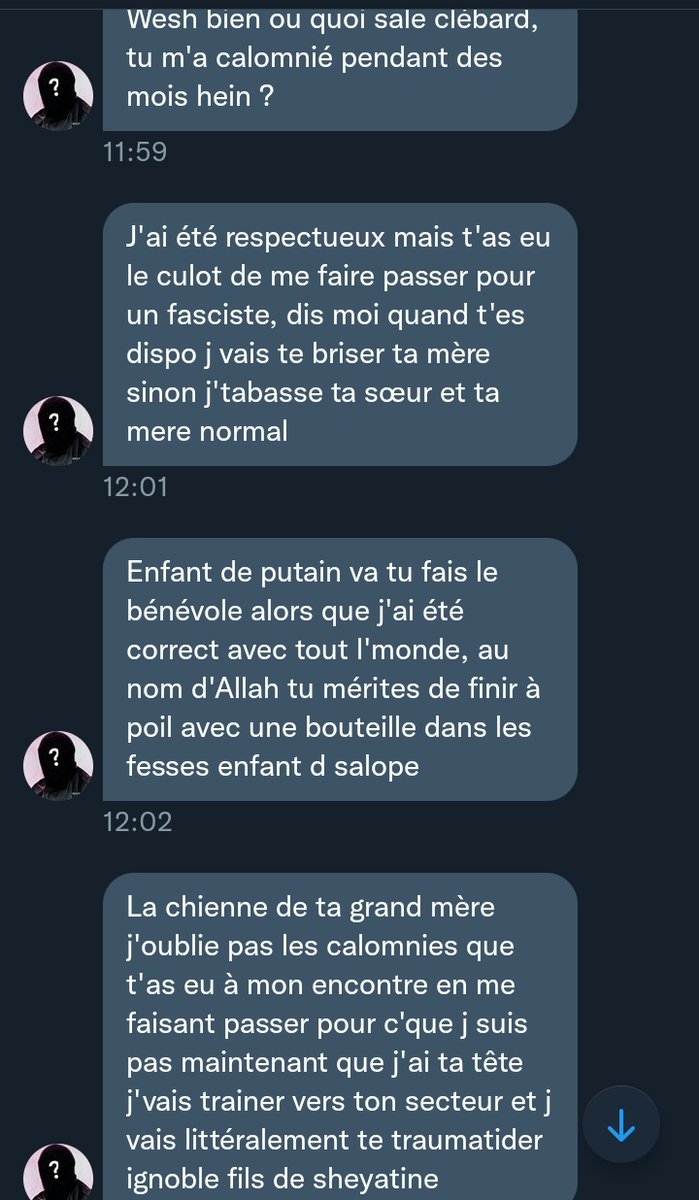 Bah alors @Waghlisou ?Tu menaces moi et les membres de ma famille juste pcq je dis la vérité à savoir que t& #39;es une vieille racaille raciste ?Bah dsl mais agresser un renoi dans la rue sans aucune raison c& #39;est bel et bien du racisme (voir la vidéo ci-dessous)
