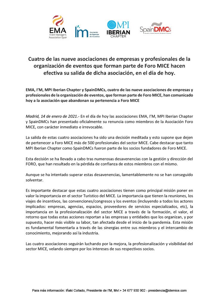 ULTIMAS NOTICIAS:      Cuatro de las 9 asociaciones de empresas y profesionales de la organización de eventos hacen efectiva su salida del Foro MICE