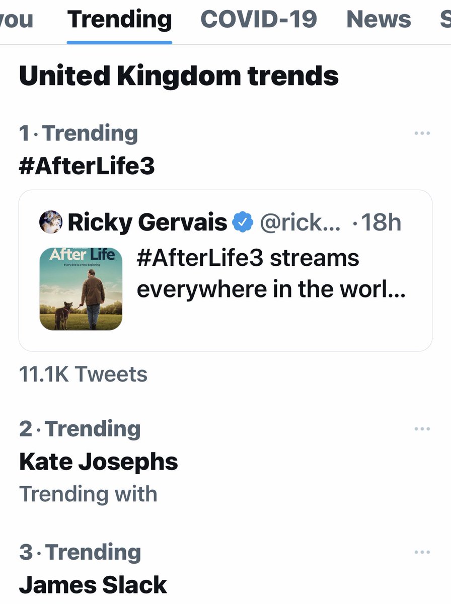 Trending at No.1 baby! 

<a href="/rickygervais/">Ricky Gervais</a> #AfterLife3 

Thats bloody exciting. ✨🙈
