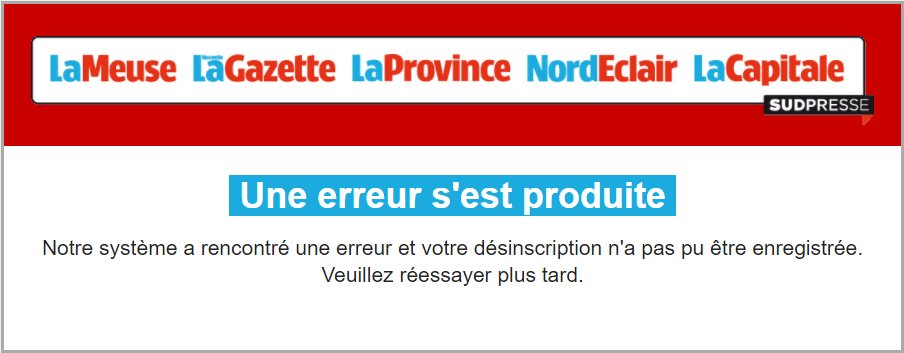 Pas cool la désinscription à votre newsletter! <a href="/geeko_lesoir/">Geeko</a> 
(cela fait plusieurs jours que je réessaye "plus tard"...)