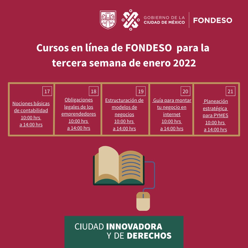 FondesoCDMX's tweet photo. ✅Conoce nuestros cursos de capacitación empresarial de la tercera semana de enero🗓️

Mejora tus habilidades en materia empresarial con nuestros cursos gratuitos, realiza tu registro en⬇️
https://t.co/hgUgZ47oHv https://t.co/xnmr2nLgJa