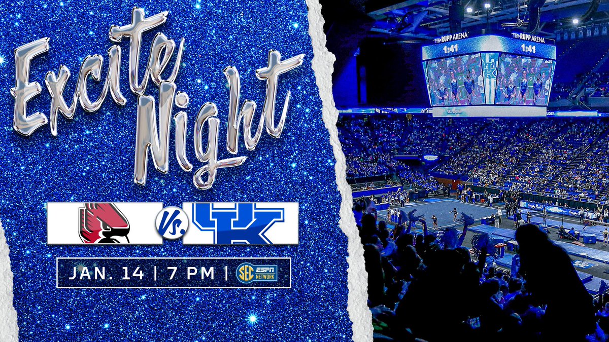 UKGymnastics's tweet photo. 🤸♀️ 𝐌𝐄𝐄𝐓 𝐃𝐀𝐘
✨ #ExciteNight
🆚 No. 28 @BallStateGYM
📍 Lexington, Ky.
🏟 @Rupp_Arena
🕖 7 p.m. ET
📺 @SECNetwork
💻 https://t.co/JhKsl8JqJ0
📊 https://t.co/OBuakiUcYa
📄 https://t.co/IWl27SWWiQ https://t.co/a11EZAqghw