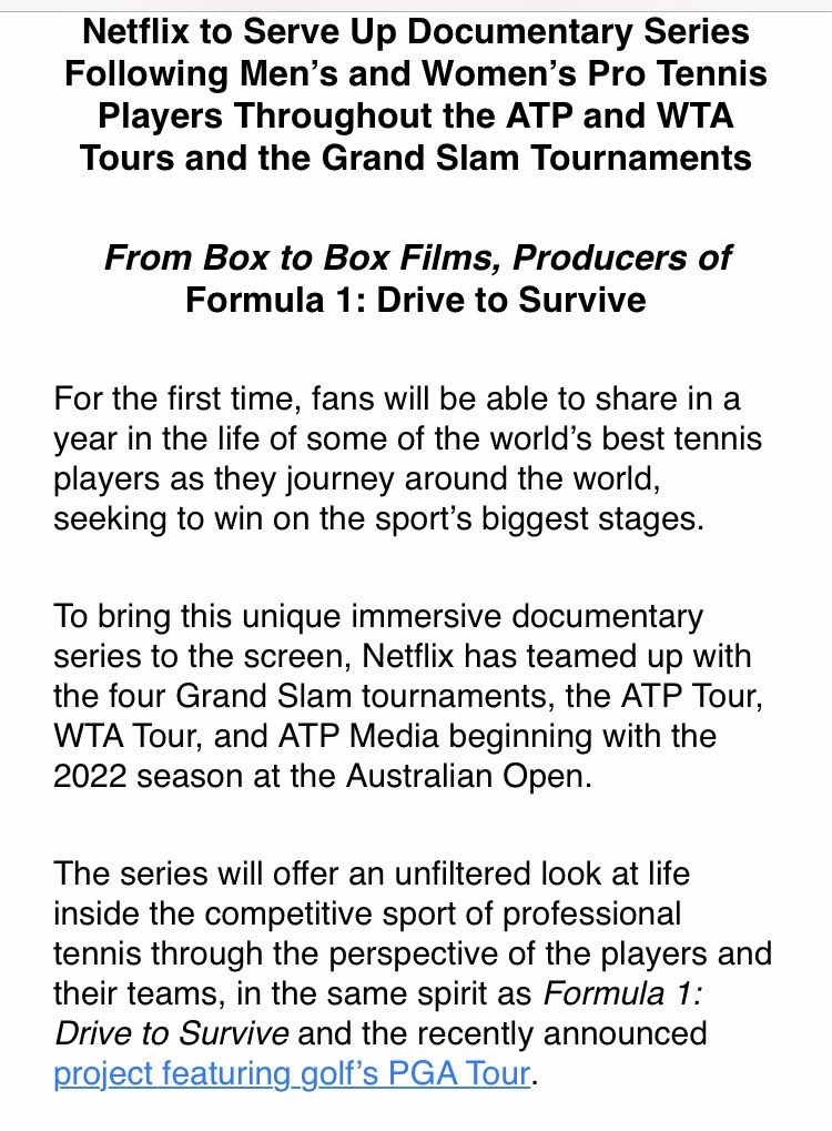 Netflix to Serve Up Documentary Series Following Men's and Women's Pro  Tennis Players Throughout the ATP and WTA Tours and the Grand Slam  Tournaments - About Netflix