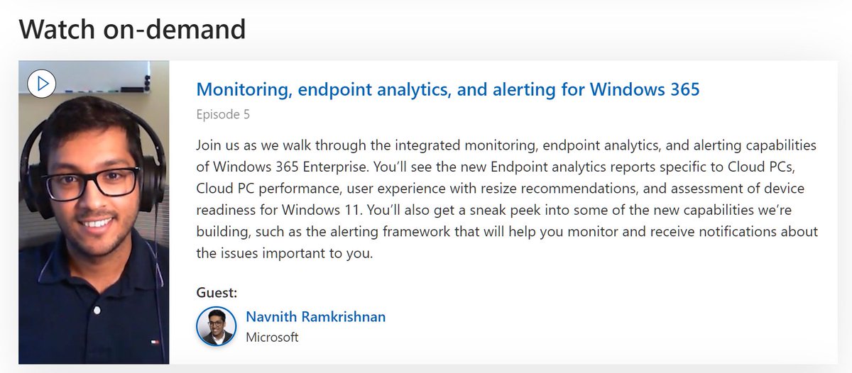 MSWindowsITPro's tweet image. If you missed this morning&apos;s episode of #WindowsInTheCloud, good news! You can already catch it on demand and get up to speed on #Windows365 alerts, analytics, and monitoring capabilities. 

➡️ aka.ms/WindowsInTheCl…