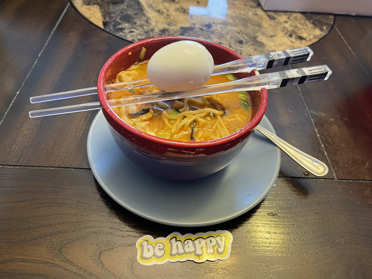 Hot Tonkatsu Ramen, with my first Ramen style runny egg. I think the lightsaber chopsticks adds 