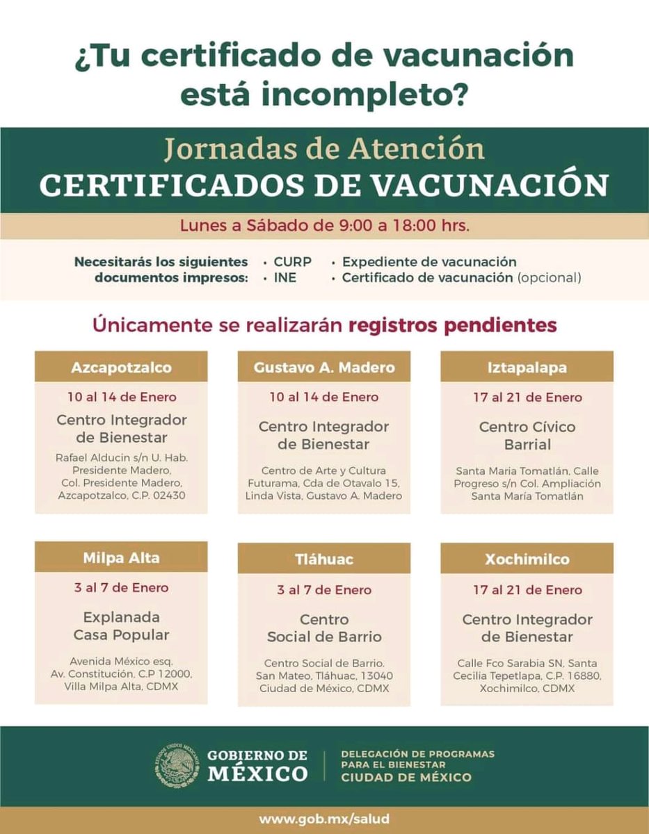 ClaraBrugadaM's tweet photo. Si tu certificado de vacunación está incompleto o aparece como "sin registro", ahora puedes acudir a las jornadas de atención para corregirlo que se llevarán a cabo del lunes 17 al viernes 21 de enero, de 09:00 a 18:00 horas, en el Centro Cívico de #SantaMaríaTomatlán. https://t.co/DrEnaHZw5t