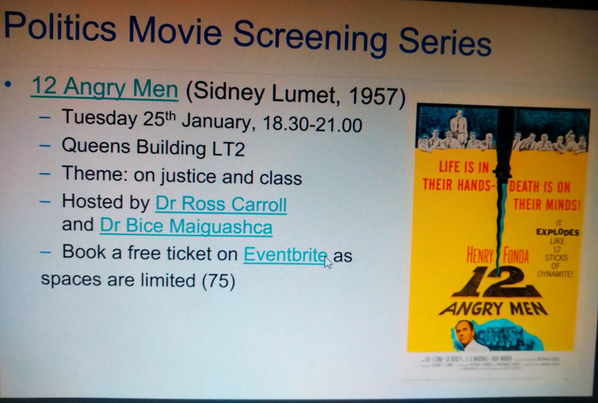 Next up in the Politics Movie Series 🎥 the fabulous <a href="/rossecarroll/">Ross Carroll</a> &amp; Bice Maiguashca are hosting 12 Angry Men &amp; a chat on themes of #justice &amp; #class. 25/01/22 Book your free ticket here: eventbrite.co.uk/e/politics-mov… #film #Politics <a href="/ppe_soc/">University of Exeter PPE Society</a> <a href="/WIPExeter/">Exeter Women in Politics</a> <a href="/ExeterPolSoc/">University of Exeter Politics Society</a> @Exeter_Students