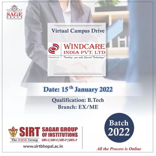 SIRT_BHOPAL's tweet photo. SIRT is organizing a Virtual Campus Drive✨✨
Company: WINDCARE
Date: 15 January 2022
Qualification : https://t.co/SGbKVFqjjz
Branch : EX/ME
Batch: 2022
#TopEngineeringCollegesinMP
#BestEngineeringCollegesinMP
#BestEngineeringCollegeinMP
#TopPlacementCollegesinBhopal
#gammastack https://t.co/JqlzmihqIx