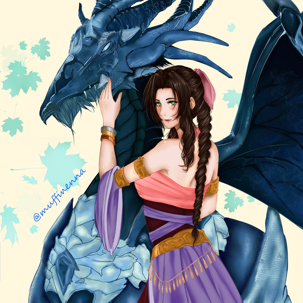 Muffinenna's tweet image. Wouldn't Aerith, with the Cetra clothes we see in the book, look majestic beside Bahamut 😍🥰?
It's my first time drawing a dragon, so forgive me, if he doesn't resemble Bahamut 😅
#Aerith #FinalFantasyVII #FinalFantasy7Remake #Clerith
#クラエア #エアリス