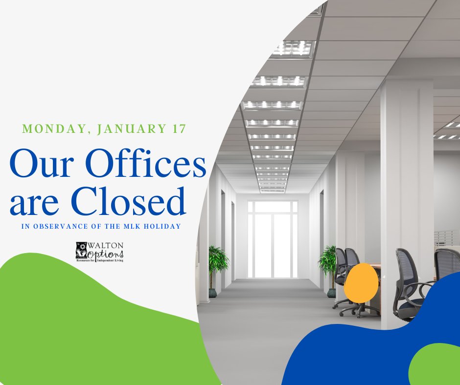 ESWaltonOptions's tweet photo. Our offices will be closed for the upcoming Federal Holiday. Our 3 Walton Options locations will be closed Monday, January 17 and we will reopen on Tuesday, January 18 at 9 AM. If you are in need of assistance, please leave a message and we will return your call. https://t.co/Fd4WHXCRz0