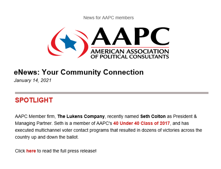 TLC_Political's tweet photo. Did you receive @TheAAPC's newsletter today? Our own @SethColton was highlighted for being named TLC's President &amp; Managing Partner 🎉 You can read our full press release here: https://t.co/9mZBWmOo5l https://t.co/R8SxGHtX1M