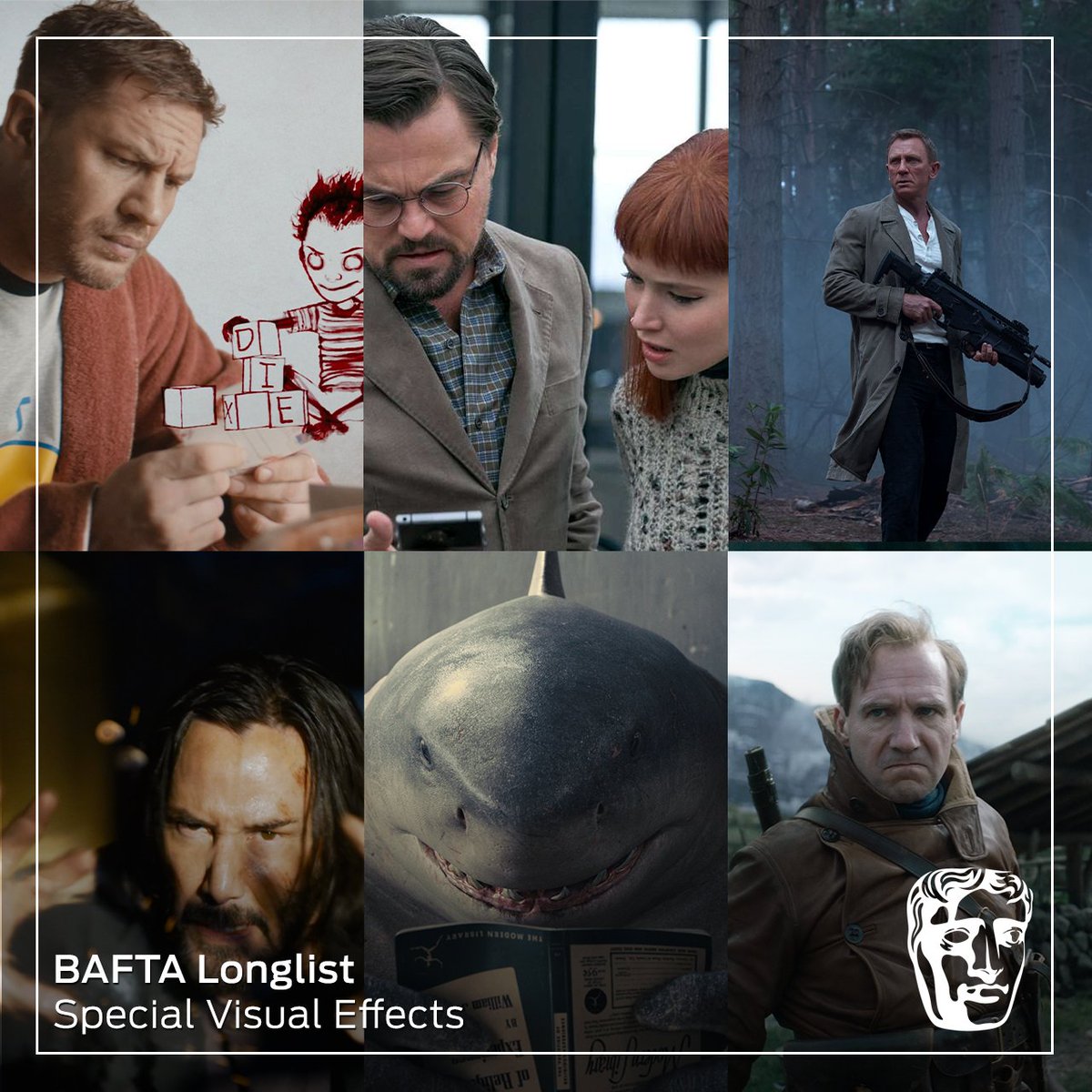 Framestore's tweet photo. We're delighted to share that #NoTimeToDie, #TheMatrixResurrections, #TheSuicideSquad, #DontLookUp, #TheKingsMan and #VenomLetThereBeCarnage are all included on @bafta's longlist for Special Visual Effects 🎉

Congratulations to all of our talented artists!🥂 https://t.co/3XlWFpCqTh