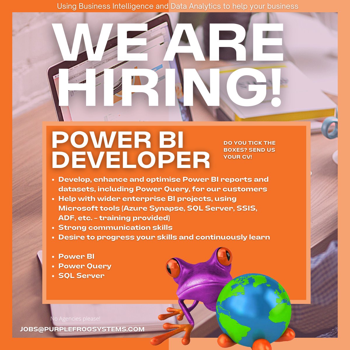 Do you want to join team Purple Frog?🐸 

💜Optimise #PowerBI reports and datasets, including Power Query, for our customers
💜Help with projects, using Microsoft tools (Azure Synapse, SQL Server, SSIS, ADF...training provided)

ed.gr/dt8nh
#telford #shropshire #sql