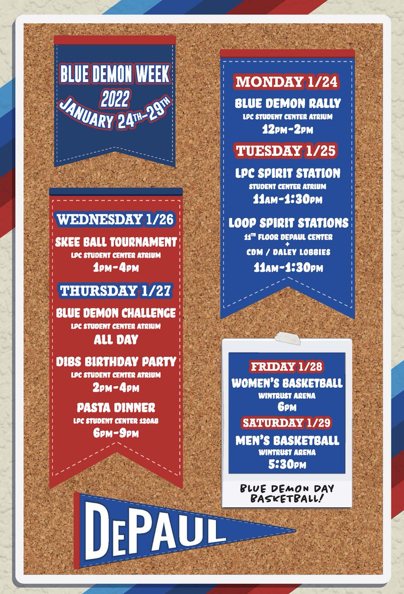 DePaulLoopLife's tweet photo. Our Blue Demon Week 2022 is kicking off soon! Loops students can enjoy the spirit stations on the 25th &amp; Blue Demon Basketball Games!

Mark your calendars between January 24th-29th for a week filled with fun and free events. Visit https://t.co/DYYpQ0eNA4 for more information https://t.co/Tq1unYkOC2