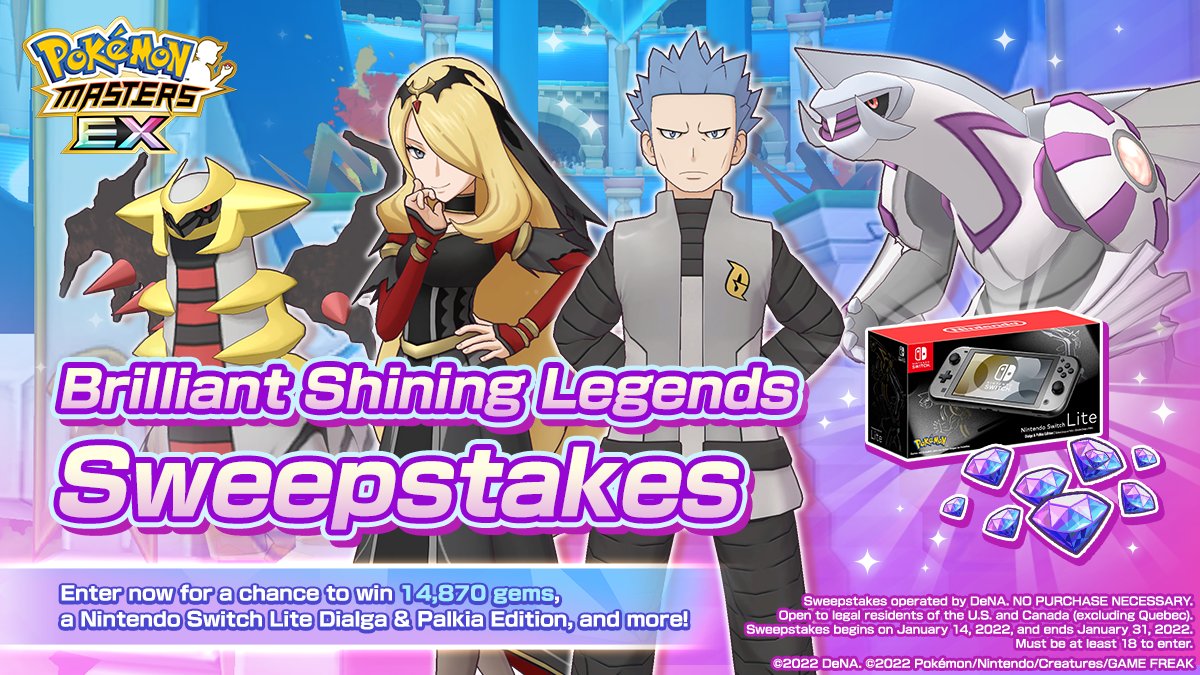 PokemonMasters's tweet photo. Brilliant Shining Legends Sweepstakes begins 💎✨

Visit our campaign page for a chance to win the ultimate Sinnoh-themed prize bundle–featuring a special edition Nintendo Switch Lite and 14,870 gems!

Details:
https://t.co/ZvnToLNI7N

#PokemonMasters https://t.co/hXfbE6lvTe