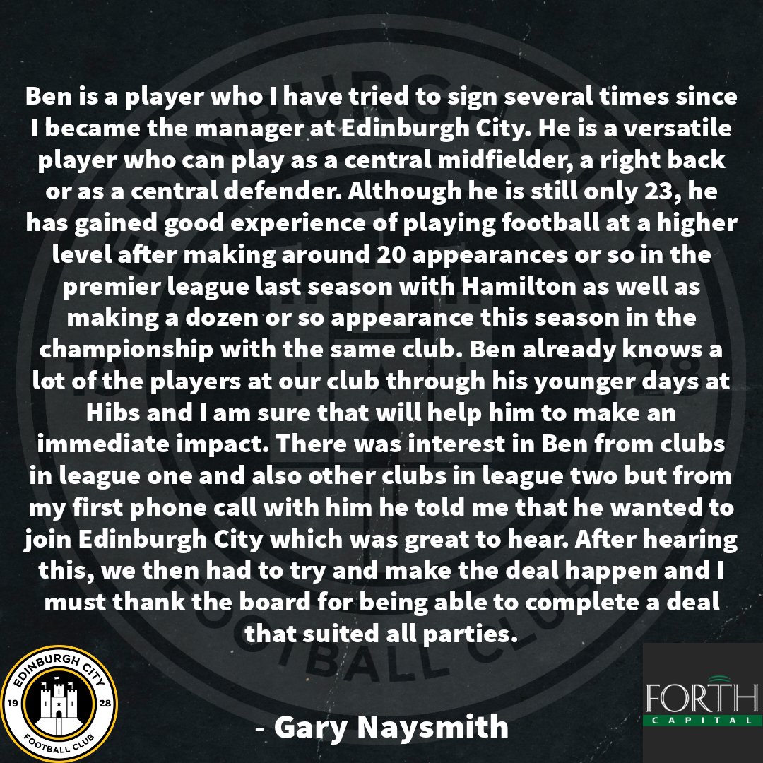 Edinburgh City are delighted to announce the loan signing of Ben Stirling from Hamilton Academical FC. 

Edinburgh City would like to thank all parties involved in getting this deal over the line 🤝