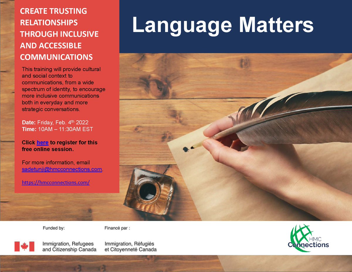 HMCConnections's tweet photo. Create #trustingrelationships through inclusive and accessible communications! Register for #HMCConnections event #LanguageMatters here:
https://t.co/Nbw3nIebKT
Subscribe to our #news, and info about new #free events will come to your mail box weekly: https://t.co/gJODtPctfl https://t.co/7CgCyfcDFk