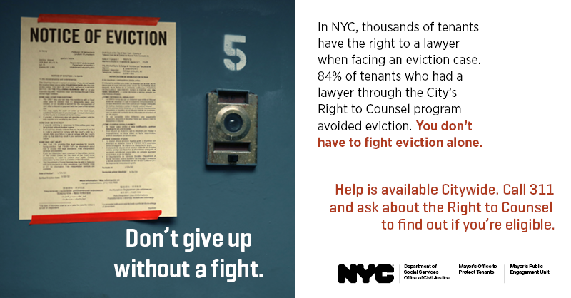 NYCDHS's tweet photo. FACING EVICTION? Get the support you need. Call 311 and ask about the Right to Counsel Program. It's free and open to all NYers, no matter your zip code or immigration status. https://t.co/jJCwBzO9Kh
