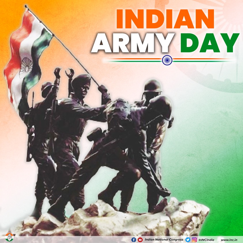 INCIndia's tweet photo. Protectors of people, champions of peace, torch-bearers of prosperity, the bravehearts of the Indian Army go above &amp; beyond in their selfless service to our motherland.

On #ArmyDay, a billion salutes to the brave jawans of the Army who sacrifice their all for the nation. https://t.co/fPxdq74ZKZ