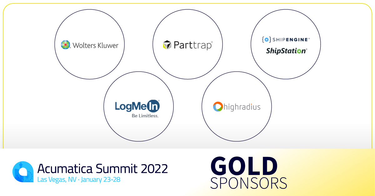 Acumatica's tweet photo. We have more Gold Sponsors to thank for Acumatica Summit 2022! Thanks so much to @salestax, @ShipStation, @ShipEngineAPI, @LogMeIn, @HighRadius &amp; Parttrap for your support.

See all of our sponsors here: https://t.co/odnnfslLHp #AcumaticaSummit https://t.co/hieZePXuIF