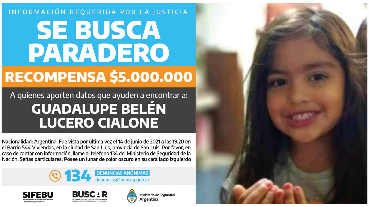🚨 Buscamos a Guadalupe Belén Lucero Cialone, de 5 años de edad al momento de su ausencia, vista por última vez el 14/06/2021 en la ciudad de San Luis, provincia de San Luis. 

Si tenés información sobre su paradero o podés aportar algún dato, comunicate al 134  📞

#SanLuis