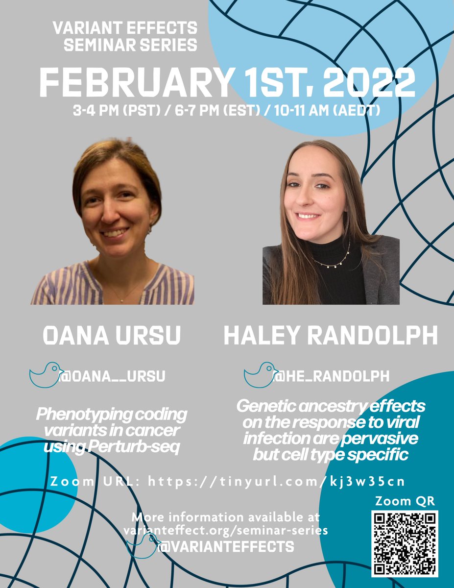 ✨VARIANT EFFECTS SEMINAR SERIES✨
Our seminar series returns for 2022! Open to all! 
Our February speakers will be @he_randolph and @oana__ursu! Details on our website: varianteffect.org/seminar-series
#virtual #events #seminar #genomics #geneticvariation #geneticancestry #phenotype