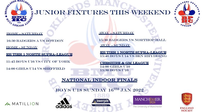 BrooklandsHC's tweet photo. This weekends fixtures for @BrooklandsHC Ladies, Mens &amp; Junior teams 
#uptheBrooky #gameonBrooklands https://t.co/3QgjEz9pkj