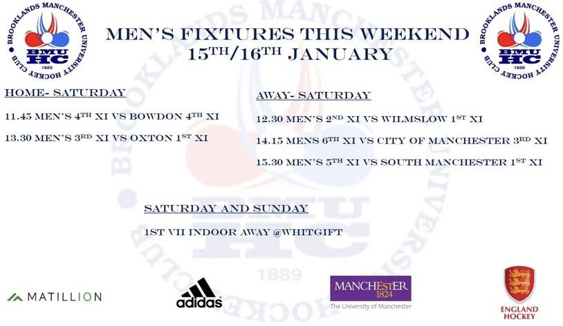 BrooklandsHC's tweet photo. This weekends fixtures for @BrooklandsHC Ladies, Mens &amp; Junior teams 
#uptheBrooky #gameonBrooklands https://t.co/3QgjEz9pkj