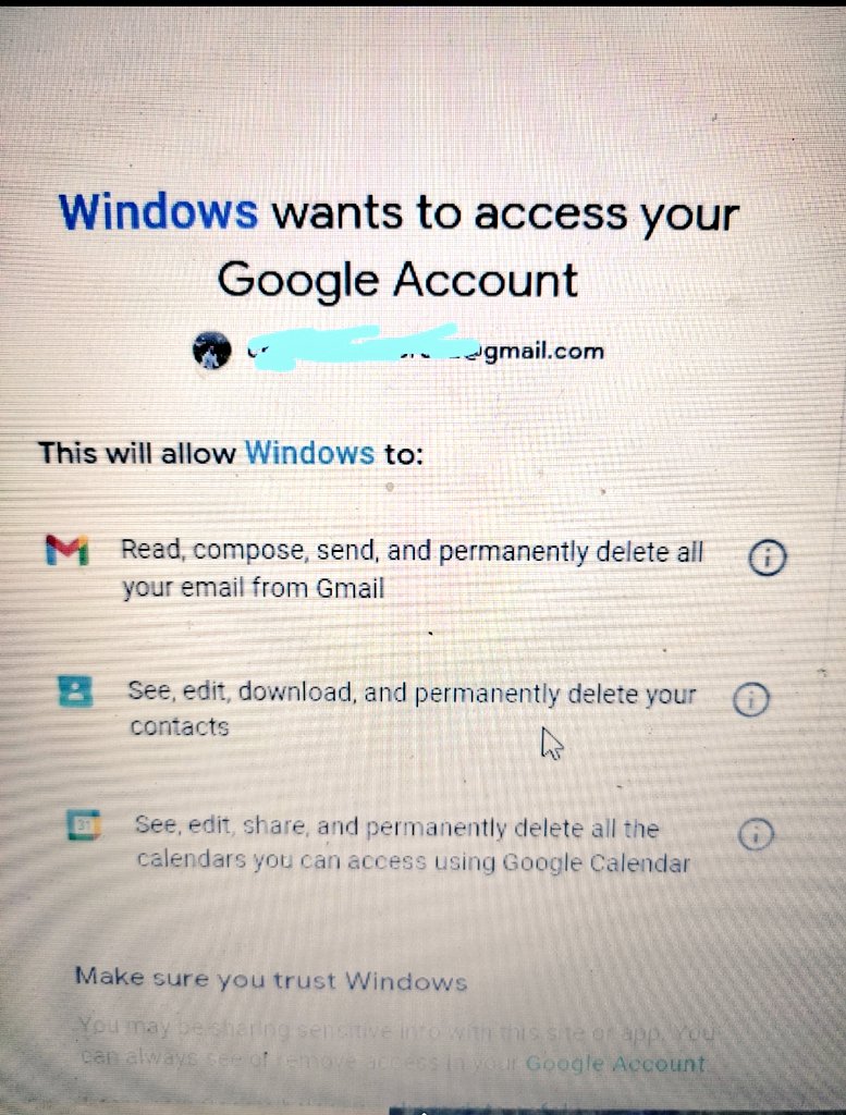 Shib13066's tweet photo. @satyanadella this is when I am adding google account in Mail application in windows. 
Why windows need permission to read, send and edit and delete permission to my mail account?? That is scary and no logical explanation to this https://t.co/vXFWv90FHx